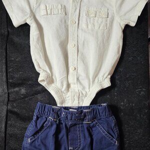 Y2K Baby Gap white button‑front bodysuit shirt & navy cargo pants outfit, 6–12